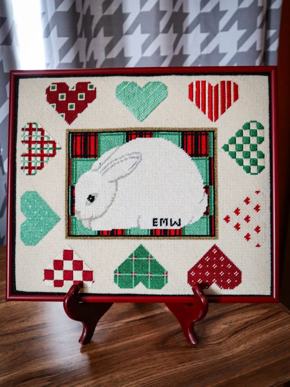 Bunny Rabbit Hearts Needlepoint Cross Stitch Embroidery Complete Framed Easter